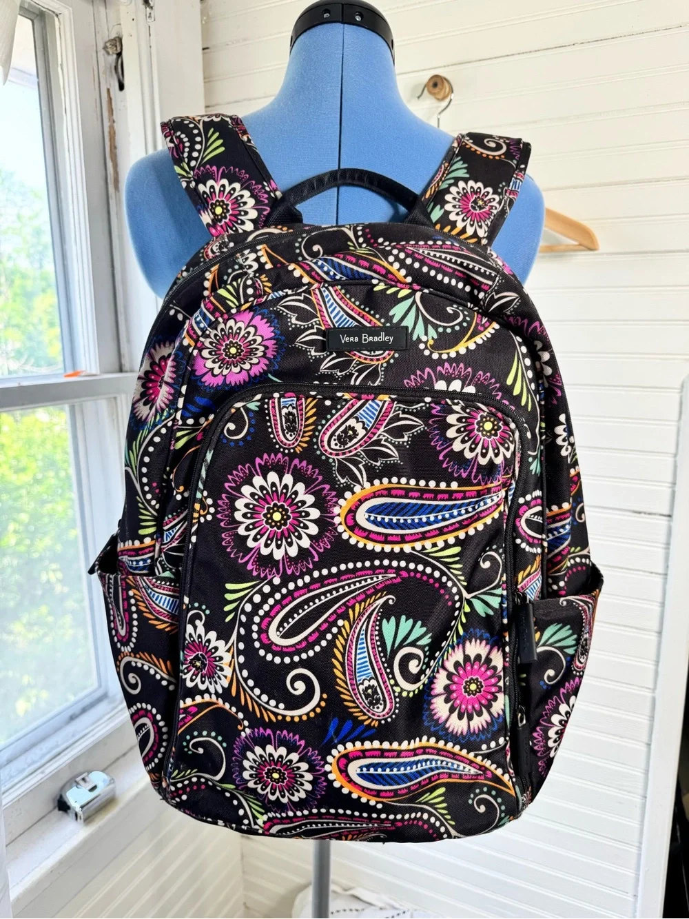 Vera Bradley Black Paisley Floral Print Backpack with Bright Accents